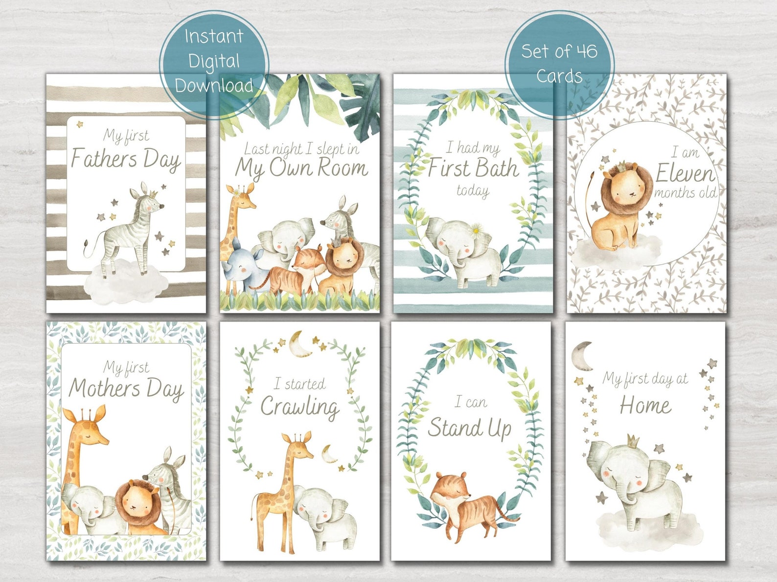 Safari Animal Baby Milestone Cards, Baby Shower Gift, Baby Keepsake ...