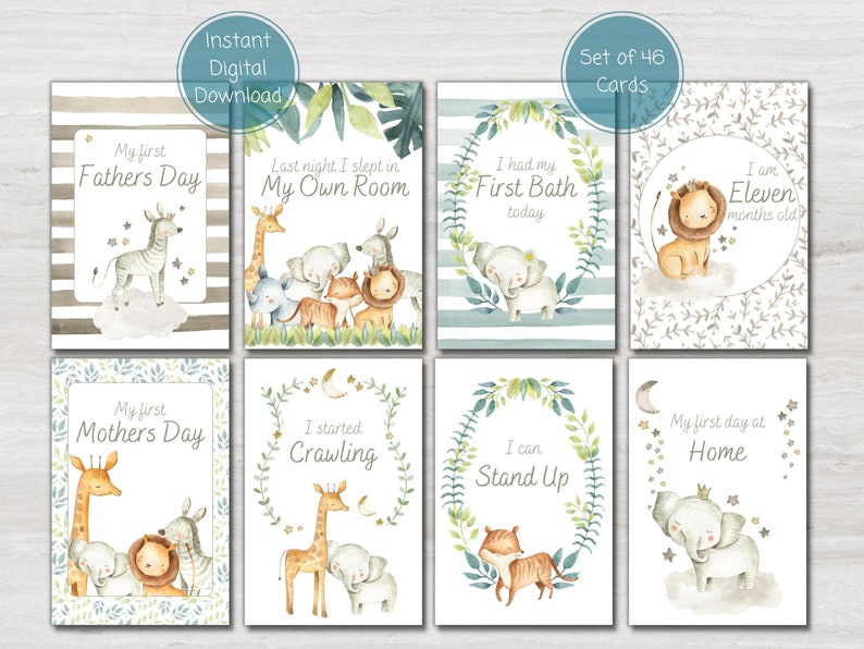 Safari Animal Baby Milestone Cards, Baby Shower Gift, Baby Keepsake ...