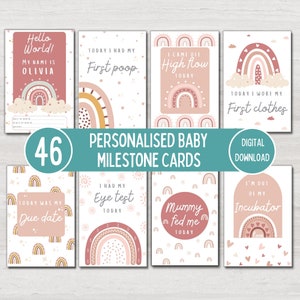 Cartes d'étape personnalisées pour bébé rose, arc-en-ciel bohème, cadeau de baby shower, jalons du mois pour bébé, accessoire photo, imprimable en téléchargement numérique