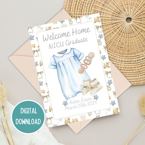 Diplômé de l'USIN Bienvenue à la maison, carte de félicitations bleue vintage personnalisée pour bébé prématuré, étape importante de l'USIN, téléchargement numérique imprimable