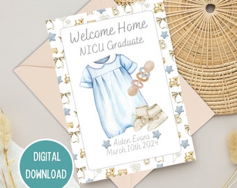Welcome Home NICU Graduate, Personalised Vintage Blue Congratulations Card for Premature Baby Boy, NICU Milestone,Printable Digital Download