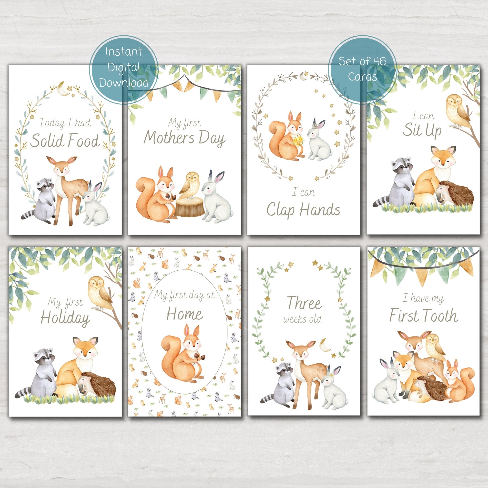 Woodland Animal Baby Milestone Cards, Baby Shower Gift, Baby Keepsake ...