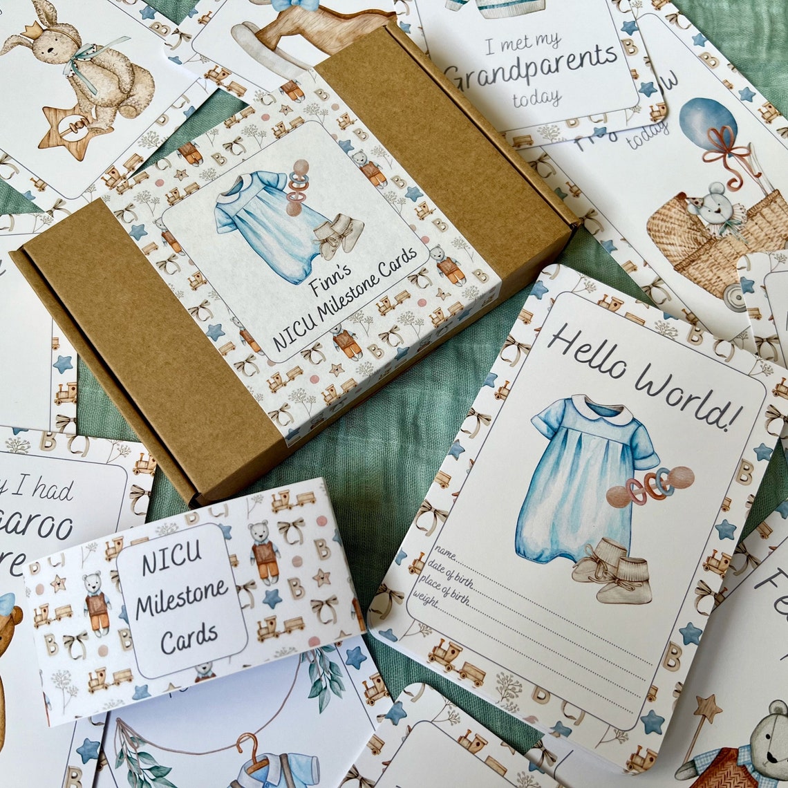 Vintage Blue NICU Baby Milestone Cards in A Personalised Keepsake Gift ...