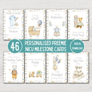 Cartes d'étape importante de l'USIN pour bébé prématuré, bleu vintage personnalisé pour garçon, accessoire photo pour bébé, cartes souvenir, infirmière de l'USIN, téléchargement numérique imprimable