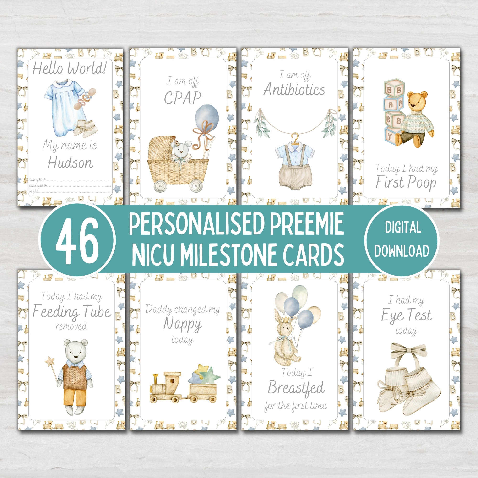 Personalised Preemie NICU Milestone Cards: Vintage Blue Baby Photo Prop ...