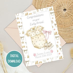 Carte de félicitations d'arrivée anticipée pour bébé prématuré, carte de bienvenue rose vintage, étape importante de l'USIN, téléchargement numérique imprimable