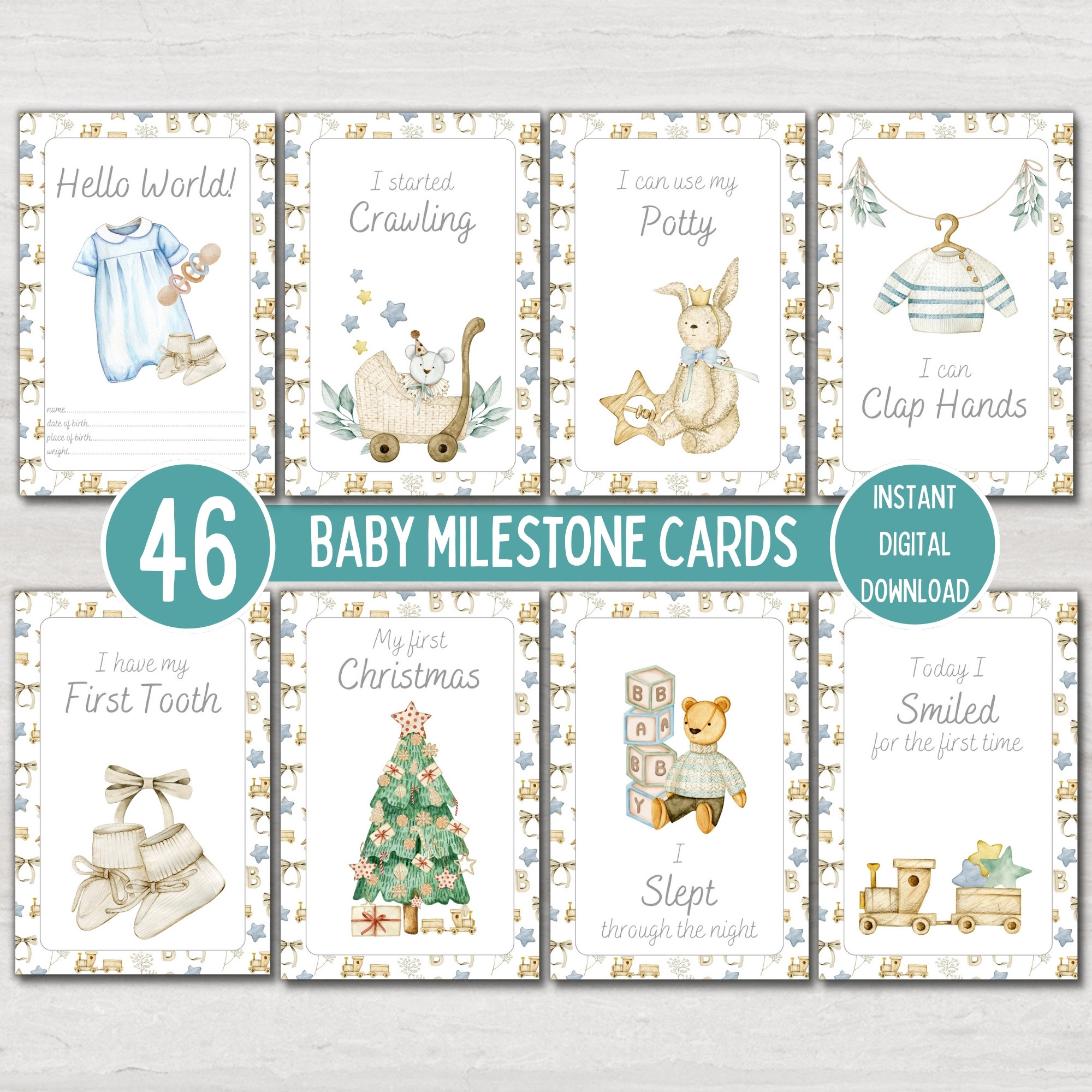 Baby Milestone Cards, Vintage Blue Boy Baby Shower Gift, Baby Keepsake ...