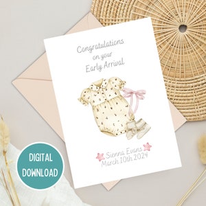 Carte de félicitations d'arrivée anticipée pour bébé prématuré, carte de bienvenue rose vintage, étape importante de l'USIN, téléchargement numérique imprimable