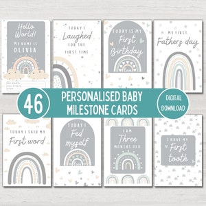Tarjetas de hitos de bebé personalizadas, arcoíris bohemio gris neutro, regalo de baby shower, hitos mensuales del bebé, accesorio fotográfico, descarga digital imprimible