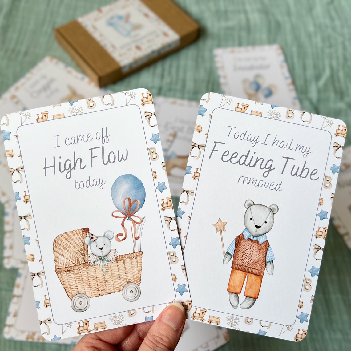 Vintage Blue NICU Baby Milestone Cards in A Personalised Keepsake Gift ...