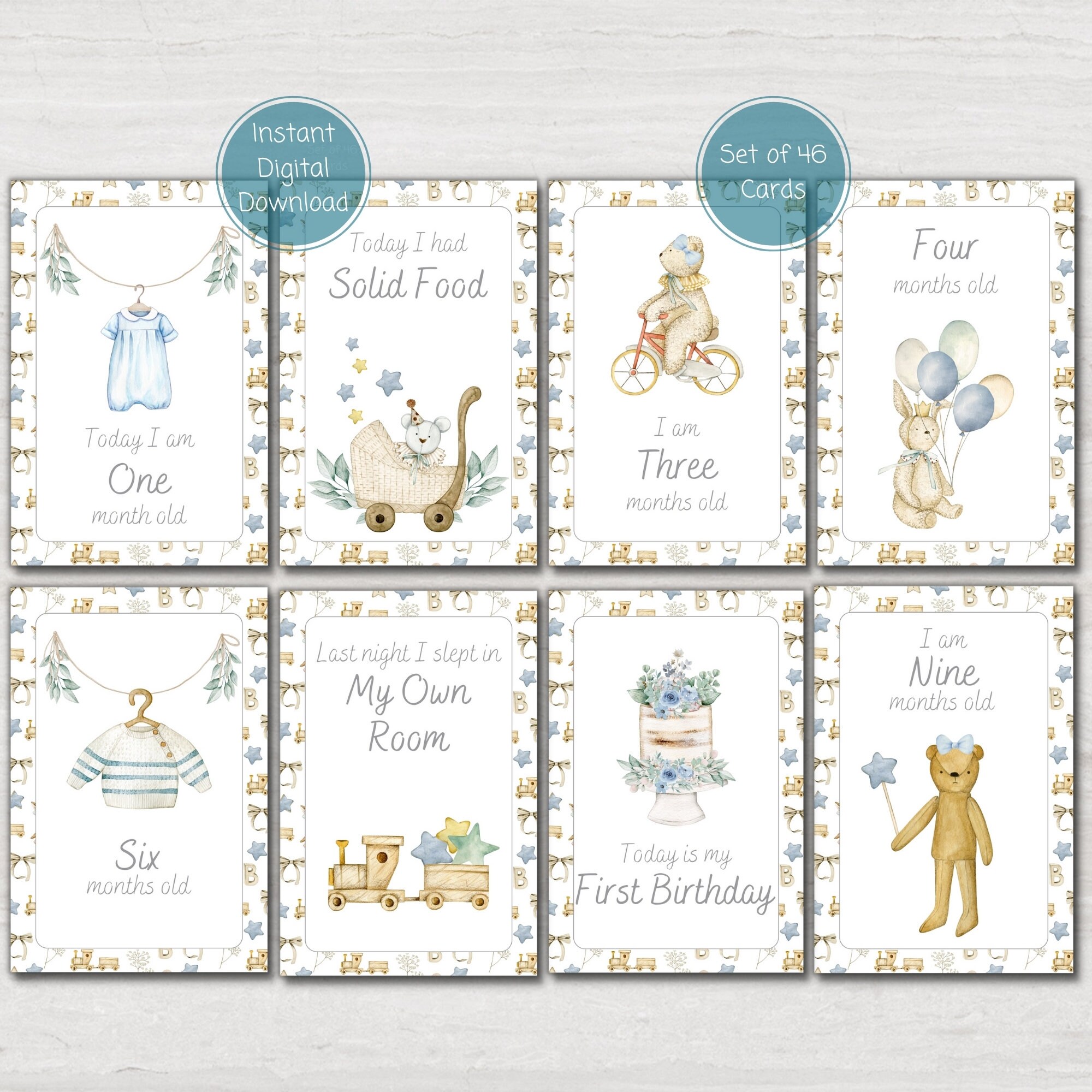 Baby Milestone Cards, Vintage Blue Boy Baby Shower Gift, Baby Keepsake ...