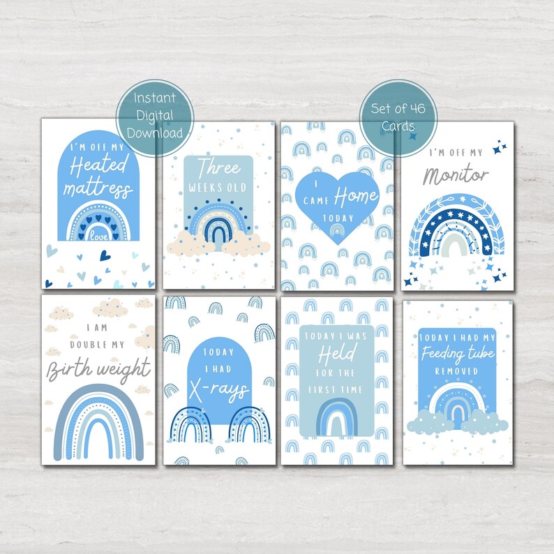 Preemie Baby NICU Milestone Cards, Blue Boho Rainbow, Baby Photo Prop ...