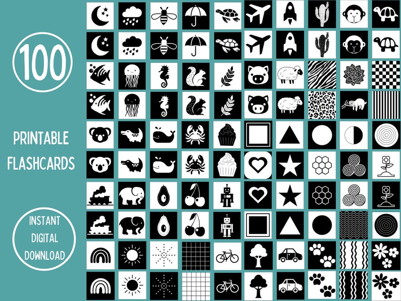 100 Black & White Sensory Flashcards for Newborn Babies Development