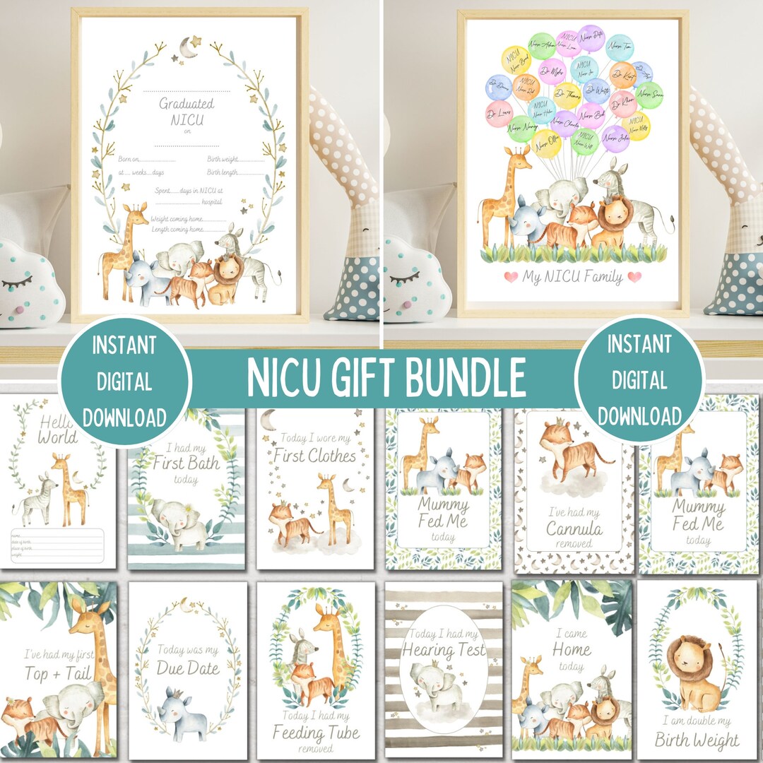 NICU Milestone Gift Bundle, Safari Animal Preemie Baby Milestone Cards ...