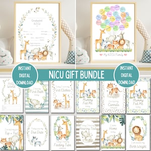 Lot de cadeaux d'étape importante de l'USIN, cartes d'étape importante pour bébé prématuré, animal de safari, certificat d'études supérieures de l'USIN, impression ma famille de l'USIN, téléchargement imprimable