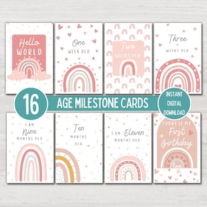 Cartes d'étape mensuelles de bébé pour une petite fille nouveau-née, jalons d'âge de bébé arc-en-ciel rose, cadeau de shower de bébé Hello World, téléchargement numérique instantané