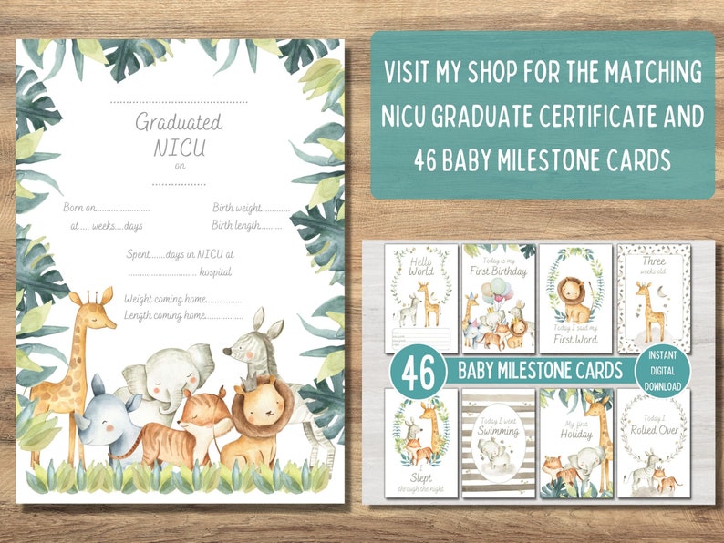 Safari Animal Preemie Baby NICU Milestone Cards, Baby Photo Prop, Baby ...