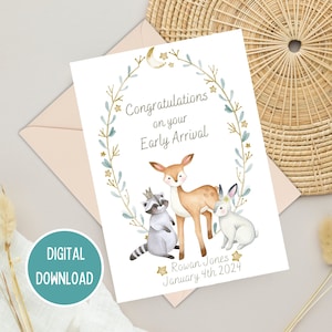 Premature baby gefeliciteerd kaart vroege aankomst, geboortekaart bos dieren, welkom op de wereld, NICU mijlpaal, afdrukbare digitale download