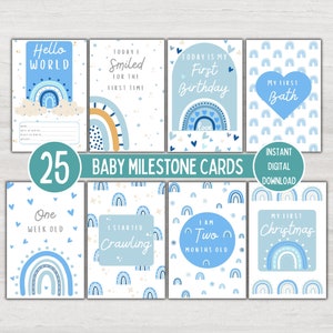 Cartes bébé bleu, arc-en-ciel bohème, cadeau baby shower, carte bébé nouveau-né, faire-part de naissance, Bonjour tout le monde, cartes bébé mois, téléchargement immédiat