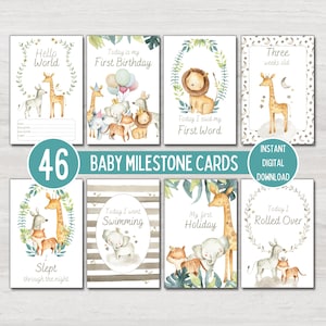 Safari Animal Baby Milestone Cards, Baby Shower Gift, Baby Keepsake Cards, NICU Milestones, Instant Printable Digital Download, NON EDITABLE