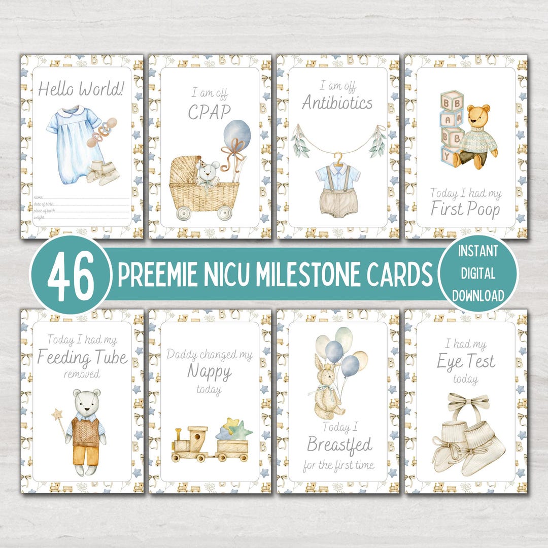 Preemie Baby NICU Milestone Cards, Premature Boy Vintage Blue, Baby ...