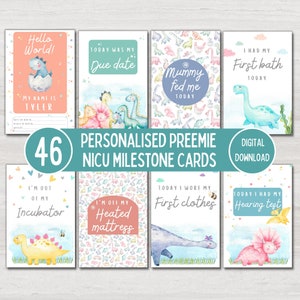 Cartes personnalisées d'étape importante de l'USIN pour bébé prématuré, cartes souvenirs de bébé dinosaure, accessoire photo bébé, infirmière de l'USIN, téléchargement numérique imprimable