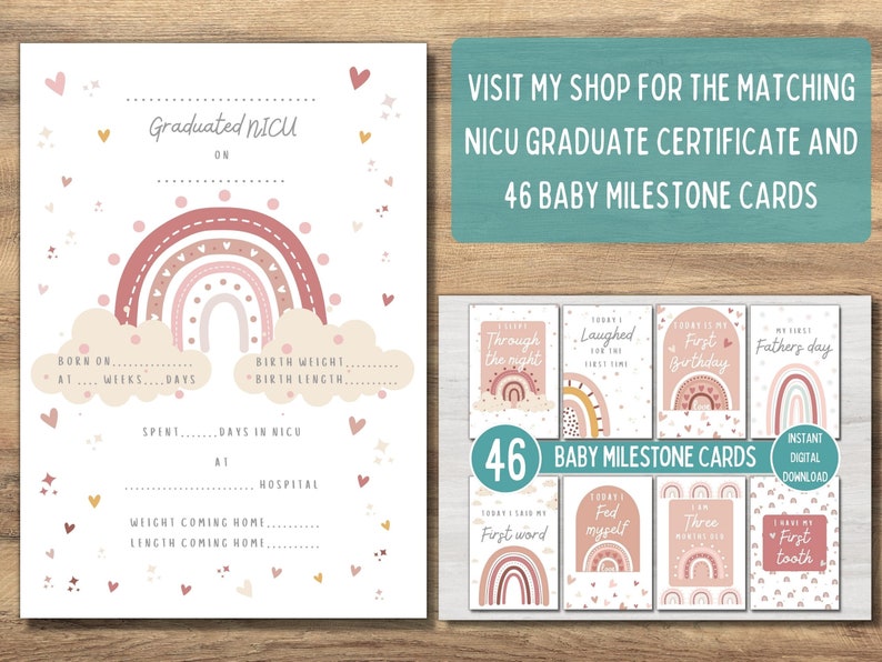 Preemie Baby NICU Milestone Cards, Pink Boho Rainbow, Baby Photo Prop ...
