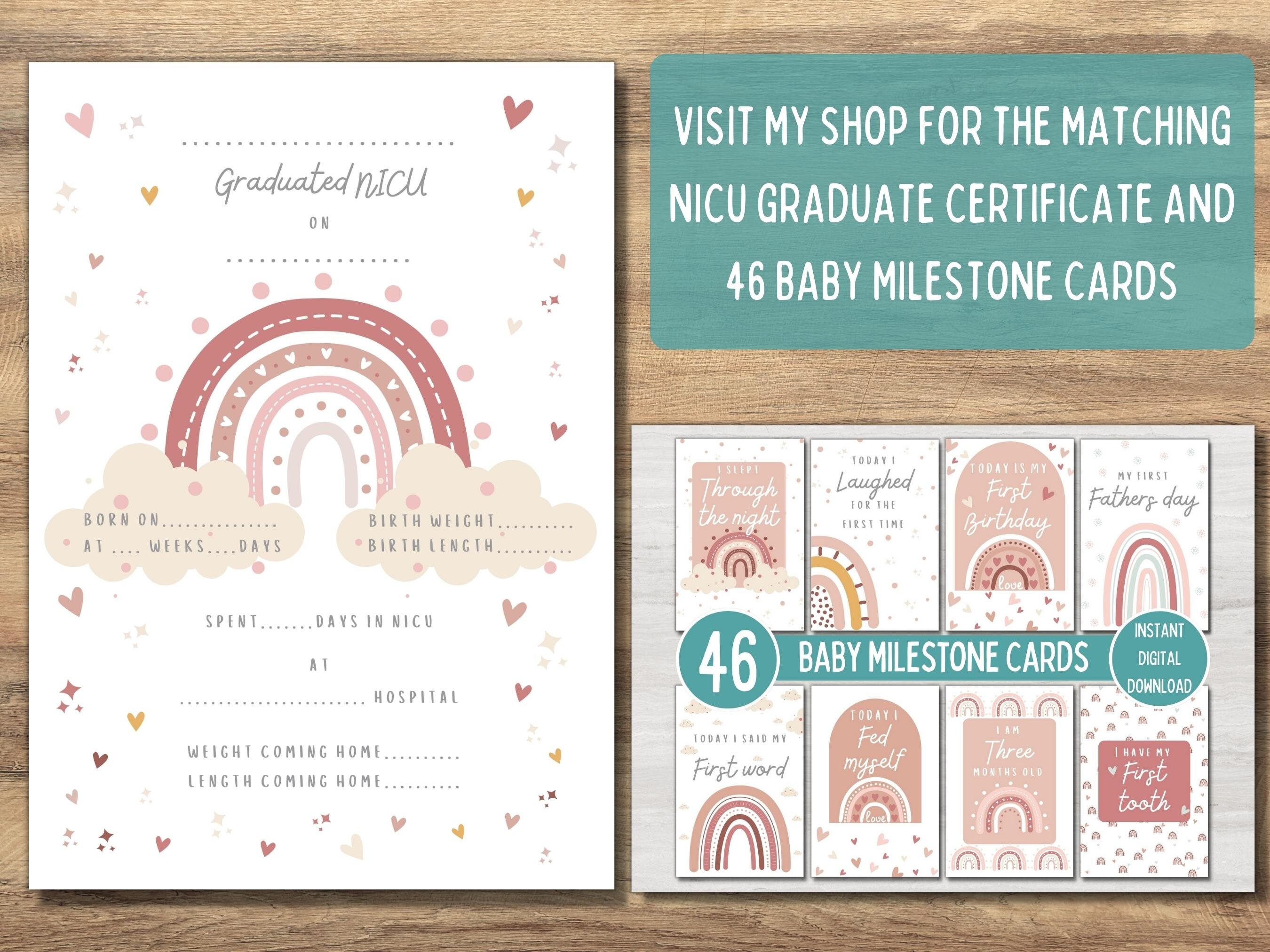 Preemie Baby NICU Milestone Cards, Pink Boho Rainbow, Baby Photo Prop ...