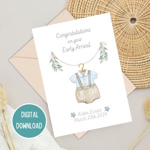 Carte de félicitations pour bébé garçon prématuré, bleu vintage, bienvenue dans le monde, étape importante de l'USIN avec arrivée anticipée, téléchargement numérique imprimable