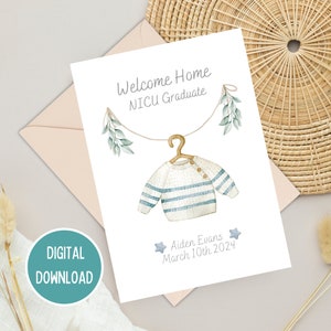 Welcome Home NICU Graduate, gepersonaliseerde vintage blauwe felicitatiekaart voor te vroeg geboren babyjongen, NICU-mijlpaal, afdrukbare digitale download