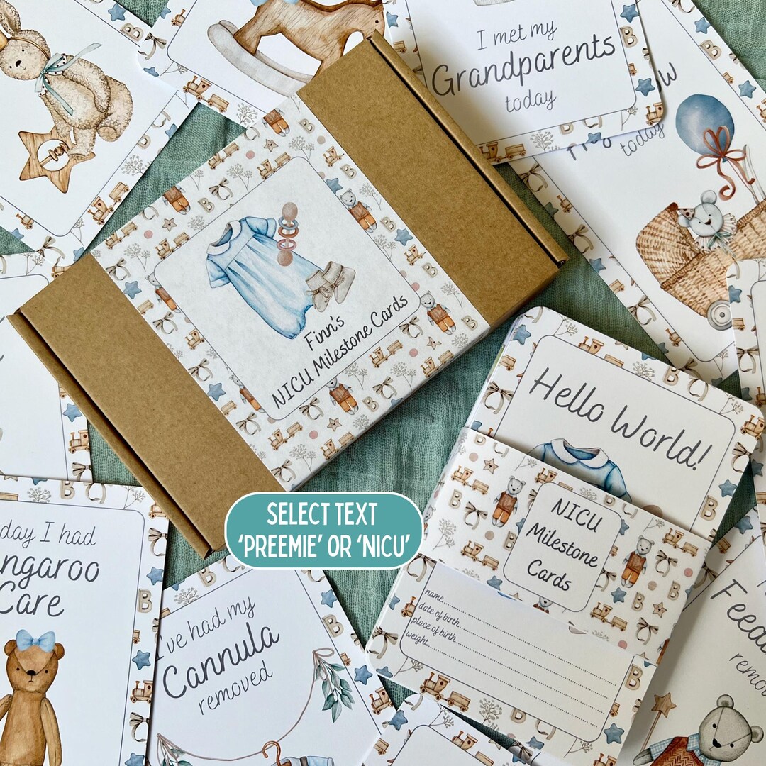 Vintage Blue NICU Baby Milestone Cards in A Personalised Keepsake Gift ...