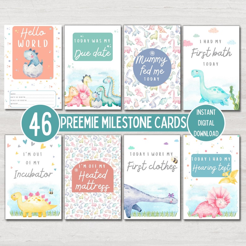 Preemie Baby NICU Milestone Cards, Dinosaur Theme, Baby Photo Prop ...