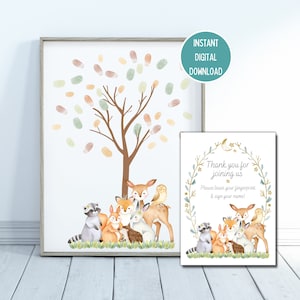 Alternativa al libro degli ospiti dell'albero delle impronte digitali per la doccia per bambini degli animali del bosco, ricordo della doccia per bambini degli animali della foresta, download digitale stampabile istantaneo