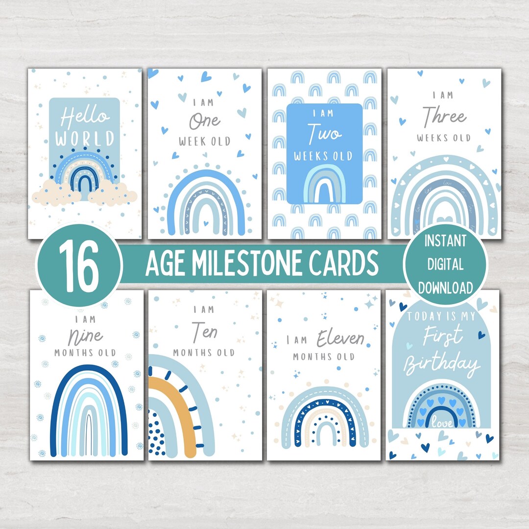 Baby Monthly Milestone Cards for Newborn Baby Boy, Blue Rainbow Baby ...