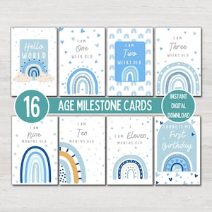 Cartes d'étape mensuelles de bébé pour le nouveau-né, jalons d'âge de bébé arc-en-ciel bleu, cadeau de shower de bébé Hello World, téléchargement numérique instantané