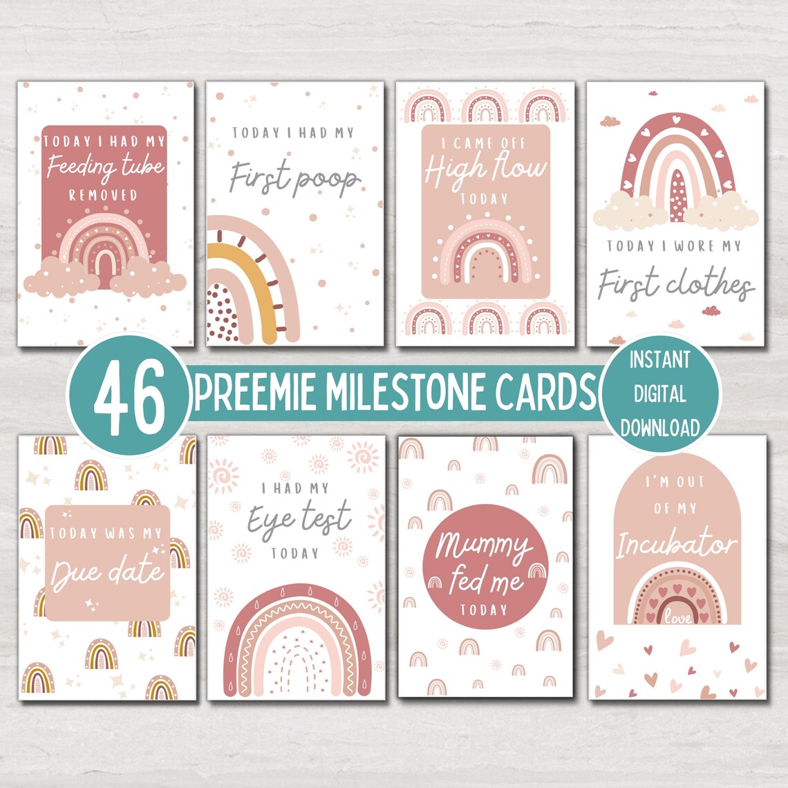 Preemie Baby NICU Milestone Cards, Pink Boho Rainbow, Baby Photo Prop ...