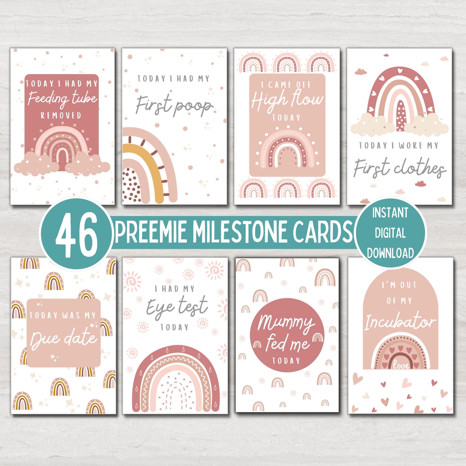 Preemie Baby NICU Milestone Cards, Pink Boho Rainbow, Baby Photo Prop ...