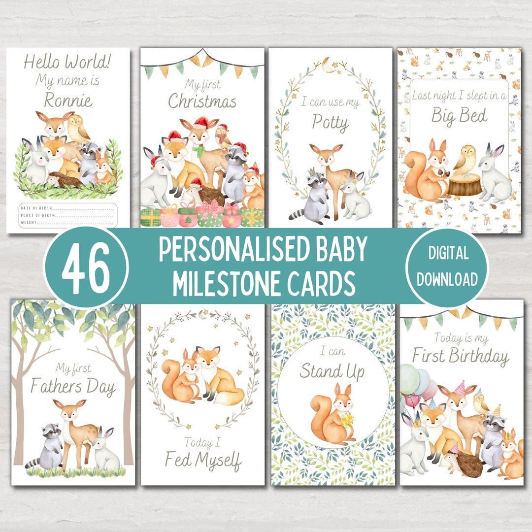 Woodland Animal Baby Milestone Cards, Personalised Baby Shower Gift ...
