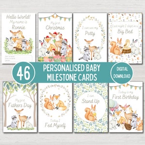 Cartes d'étape importante pour bébé animal de la forêt, cadeau personnalisé de baby shower, cartes souvenir de bébé, étapes importantes de l'USIN, téléchargement numérique imprimable