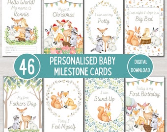 Woodland Animal Baby Milestone Cards, Personalised Baby Shower Gift, Baby Keepsake Cards, NICU Milestones, Printable Digital Download