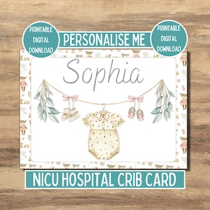 Baby Namenskarte für NICU Inkubator, Frühchen Isolette, Krankenhaus Krippe Kinderbett Namensschild, Vintage Rosa personalisiertes Preemie Geschenk, digitaler Download
