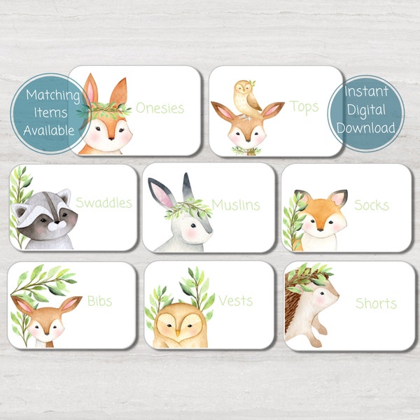 Nursery Drawer Labels For Baby Clothing, Green Woodland Animal Storage Labels, Nursery Organization, Printable Instant Digital Download