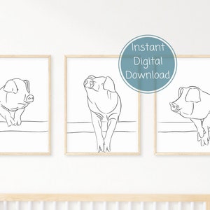 Pig Line Art Prints: Set of 3 Minimalist Farmhouse Decor (Digital Download)