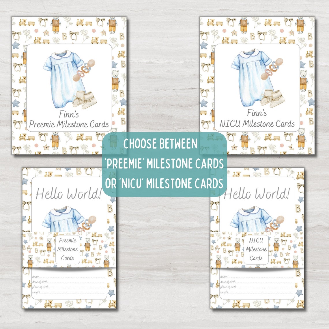 Vintage Blue NICU Baby Milestone Cards in A Personalised Keepsake Gift ...