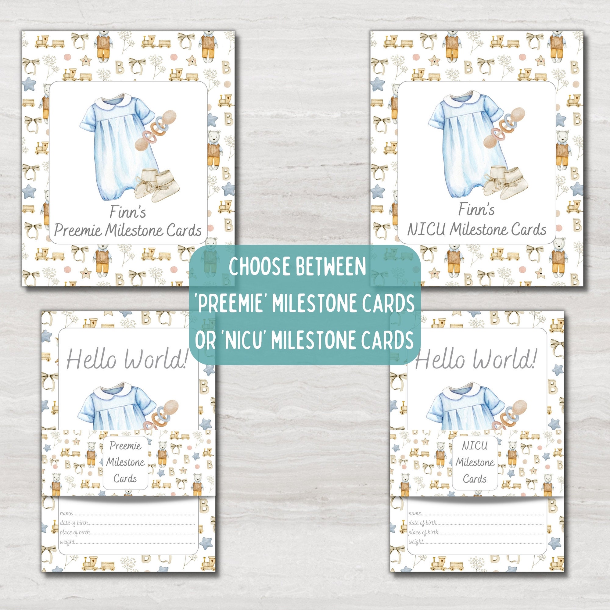 Vintage Blue NICU Baby Milestone Cards in A Personalised Keepsake Gift ...