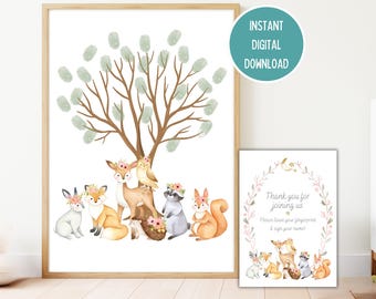 Woodland Animal Fingerprint Tree Guestbook: Girls Pink Baby Shower Keepsake (Instant Digital Download)