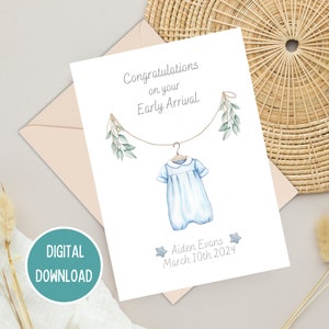 Carte de félicitations d'arrivée anticipée pour bébé prématuré, carte bleue vintage de bienvenue dans le monde, étape importante de l'USIN, téléchargement numérique imprimable