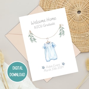 Diplômé de l'USIN Bienvenue à la maison, carte de félicitations bleue vintage personnalisée pour bébé prématuré, étape importante de l'USIN, téléchargement numérique imprimable