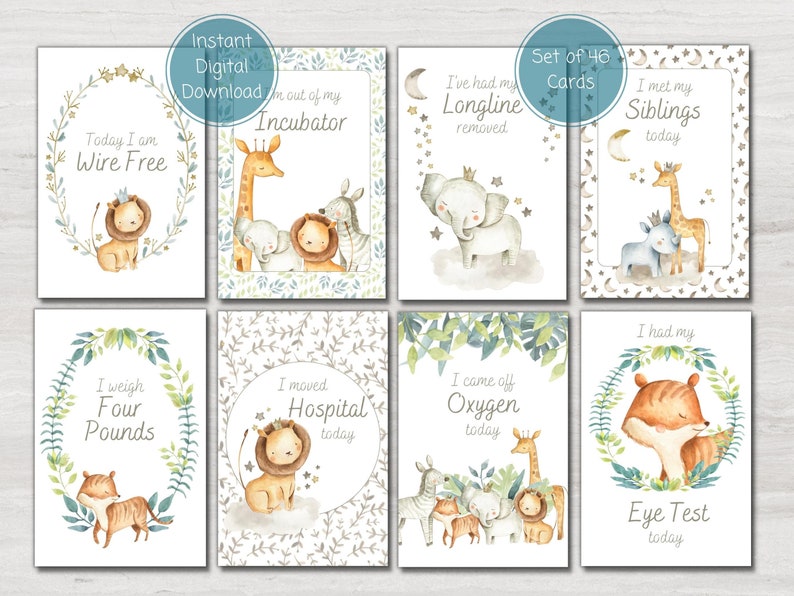 NICU Milestone Gift Bundle, Safari Animal Preemie Baby Milestone Cards ...