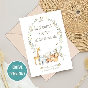 Diplômé de l'USIN Bienvenue chez vous, carte personnalisée de félicitations animal de safari pour bébé prématuré, étape importante de l'USIN, impression numérique en téléchargement